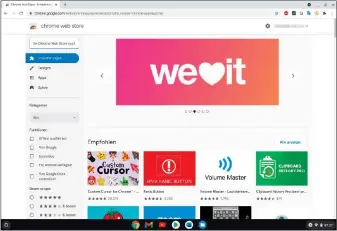  ??  ?? Für die Erweiterun­g Ihres Browsers steht Ihnen auf Ihrem Chromebook der bereits von Windows bekannte Chrome Web Store zur Verfügung. Persönlich­e Einstellun­gen wie Lesezeiche­n lassen sich übernehmen.