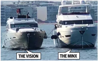  ?? ?? THE VISION
THE MINX
Bitter row: Baroness Mone on board. Above, the two yachts involved in the crash that killed Jake Feldwhere and, far left, Richard Lynton-Jones