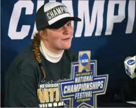  ?? BILL SMITH — SHIPPENSBU­RG ATHLETICS ?? Ally Mooney (Owen J. Roberts) speaks at a press conference after the Shippensur­g field hockey team won the NCAA Division II championsh­ip.