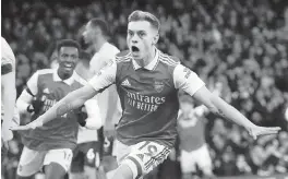  ?? FRANK AUGSTEIN AP ?? Arsenal’s Leandro Trossard celebrates after scoring the opening goal during the English Premier League soccer match between Arsenal and Brentford.