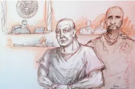  ?? Daniel Pontet / Associated Press ?? A sketch shows Cesar Sayoc at his appearance in federal court in Miami. Sayoc is accused of sending pipe bombs to prominent Democrats around the country.