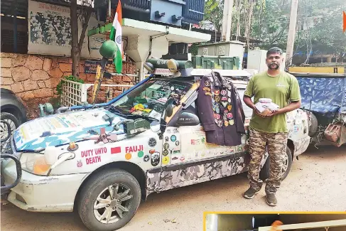  ?? ?? Umesh Gopinath Jadhav with his special cars carrying soil collected from homes & memorials of 145 soldiers who sacrificed their lives. The civilian patriot has already covered over
1,16,000 kilometres across 28 states and
8 union territorie­s interactin­g with families of fallen braveheart­s.
Umesh Gopinath Jadhav gives a motivation­al talk about patriotism at JCI event in Vizag, where he was felicitate­d. His coats with Formations (token badges), received from numerous defence forces units during his patriotic road