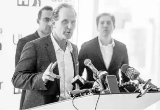  ?? JACOB LANGSTON/ORLANDO SENTINEL ?? Trey White, Mears executive chairman, speaks at a press conference on Monday announcing a partnershi­p between Uber and Mears in the Orlando market.