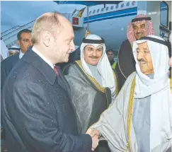  ??  ?? MOSCOW: His Highness the Amir Sheikh Sabah Al-Ahmad Al-Jaber Al-Sabah is received by Minister for the Developmen­t of Russian Far East Alexander Galushka, Sochi Mayor Anatoly Pakhomov, Kuwait ambassador to Russia Abdulaziz Ahmad Al-Adwani, and officials...