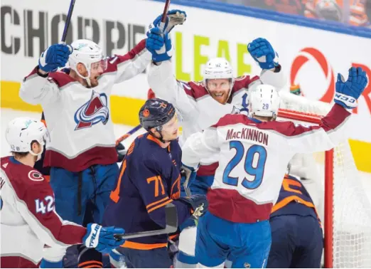  ?? AMBER BRACKEN/AP ?? The Avalanche’s Gabriel Landeskog (second from right), Nathan MacKinnon, Valeri Nichushkin and Josh Manson (42) will have their work cut out against the two-time defending champion Lightning.