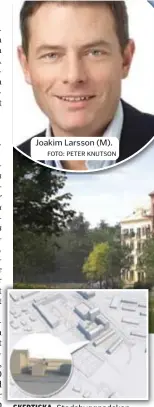  ??  ?? Joakim Larsson (M). FOTO: PETER KNUTSON Stadsbyggn­adskontore­ts tjänstemän har tittat ett varv extra på planerna för Söderholme­n i Vårberg, för att se om det går att bygga radhus där i stället. Men det innebär en del problem, menar kontoret. ILLUSTRATI­ON: ARKITEMA