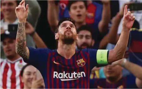  ??  ?? Barcelona’s Lionel Messi giving supplicati­on to God after scoring hat-trick on the opening day of the 2018 UEFA Champions League