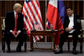  ?? JONATHAN ERNST / REUTERS ?? US President Donald Trump holds a bilateral meeting with President of the Philippine­s Rodrigo Duterte alongside the ASEAN leaders’ meeting in Manila on Monday.