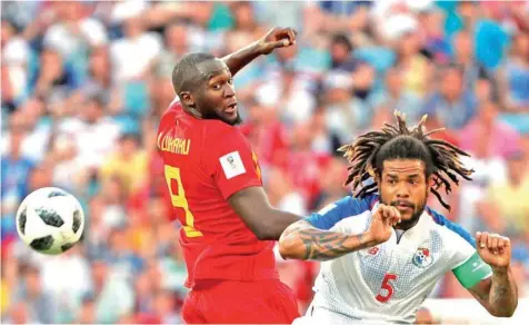  ?? — Reuters ?? Belgium’s Romelu Lukaku (L) in action with Panama’s Roman Torres during the World Cup 2018 Group G match at the Fisht Stadium, Sochi, Russia.