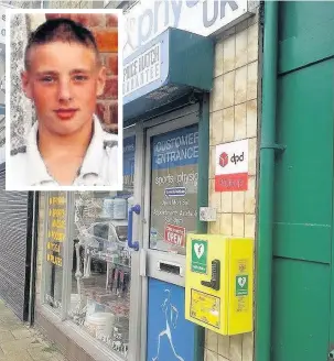  ??  ?? ●●The defibrilla­tor that went missing from outside Sports Physio UK on Market Street in Shaw was provided after a campaign sparked by the sudden death of 15-year-old Ashley Livesey (inset) in 2004