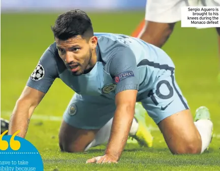  ??  ?? Sergio Aguero is brought to his knees during the Monaco defeat