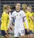  ?? Associated Press ?? DEAL — USA’s Alex Morgan looks on, after the women’s internatio­nal friendly soccer match between Sweden and USA at Friends Arena in Stockholm, Sweden, on Saturday.