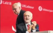  ?? BLOOMBERG ?? UK shadow chancellor John McDonnell (left) and Labour Party leader Jeremy Corbyn in Liverpool on Monday.