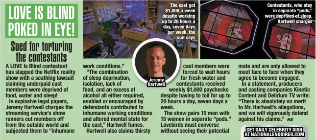  ?? ?? The cast got $1,000 a week despite working up to 20 hours a day, seven days per week, the
suit says
Jeremy Hartwell
Contestant­s, who stay
in separate “pods,” were deprived of sleep,
Hartwell charges