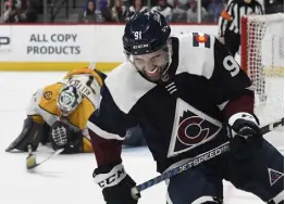  ?? Andy Cross, The Denver Post ?? Avs center Nazem Kadri grimaces after Nashville’s David Rittich blocked his shot giving the Predators the shootout win at Ball Arena on Thursday.