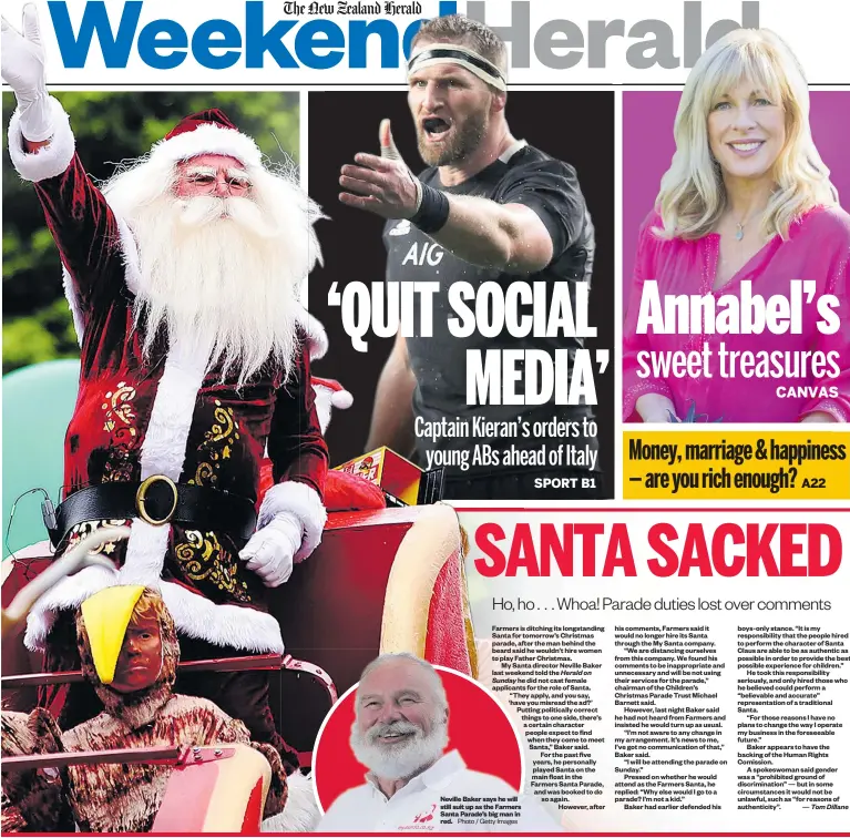  ?? Photo / Getty Images ?? Neville Baker says he will still suit up as the Farmers Santa Parade’s big man in red.