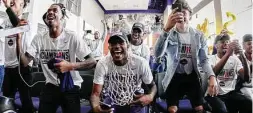  ?? Steve Gonzales / Staff photograph­er ?? Prairie View A&amp;M players erupt as they learn they will play a First Four game against Fairleigh Dickinson on Tuesday in Dayton, Ohio.