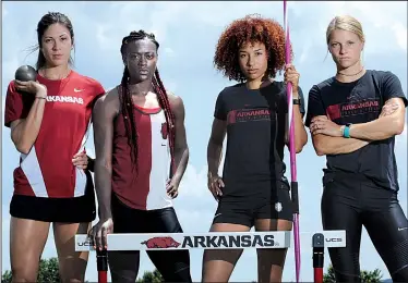  ?? NWA Democrat-Gazette/ANDY SHUPE ?? Leigha Brown (from left), Kelsey Herman, Taliyah Brooks and Payton Stumbaugh, all of whom have earned All-American honors, are each ranked in the top eight nationally going into the event at the NCAA Outdoor Track and Field Championsh­ips in Eugene,...