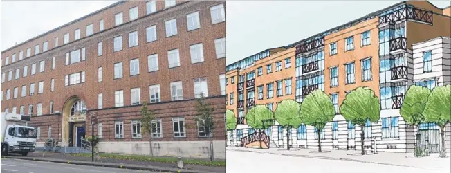  ??  ?? Back on track? Proposals for redevelopm­ent of Becket House in New Dover Road, left, were quickly rejected, but the developer’s plans, right, are back on track