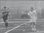  ?? STAFF PHOTO BY ANDY STATES ?? North Point’s Austin Weeks prepares to move the ball downfield during first-half action in the Eagles’ game against the visiting Patuxent Panthers on Tuesday evening. Weeks scored a first-half goal in the Eagles’ 2-1 win.