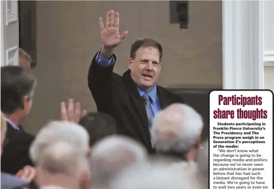  ?? AP FILE PHOTO ?? ‘IT’S MISERABLE NOW’: New Hampshire Gov. Chris Sununu waves as he arrives to address legislator­s at his budget address last year. Sununu met with Franklin Pierce students at the statehouse to discuss media.