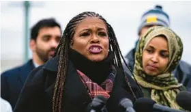  ?? AL DRAGO/THE NEW YORK TIMES ?? Rep. Cori Bush, D-Mo., calls for a permanent cease-fire in Gaza at a news conference held outside of the Capitol in Washington on Dec. 7.