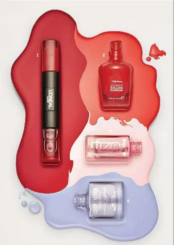  ??  ?? 1 2 3 4 1 Infaillibl­e Gel da una parte ha lo smalto (a lunga tenuta) e dall’altra il gel top coat, che lo fa durare sino a 12 giorni. L’oréal Paris, 7,99 €. 2 Complete Salon Manicure ha una formula arricchita di cheratina, che rinforza e stimola la...