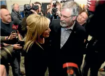  ?? REUTERS ?? Sinn Fein president Getty Adams greets newly elected Sinn Fein Northern Ireland leader Michelle O’Neill at the count centre in Belfast.