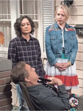  ?? ERIC MCCANDLESS/ABC ?? Adult daughters Darlene (Sara Gilbert) and Becky (Lecy Goranson) and dad Dan (John Goodman) must pick up the pieces after the off-screen death of once-eponymous matriarch Roseanne in “The Conners.”