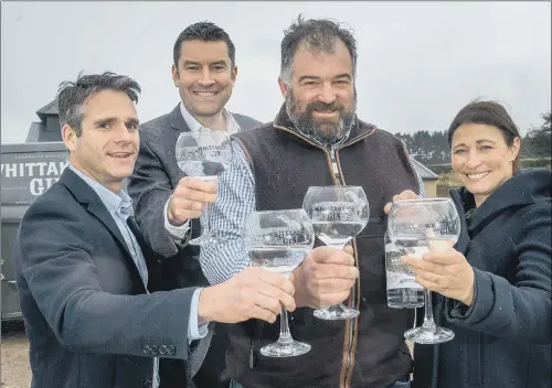  ?? PICTURE: MARK BICKERDIKE. ?? TOAST TO SUCCESS: Jane and Toby Whittaker with Bill Goodwin, of Ward Hadaway, and Liam James, of Lion Exports, at Whittaker’s Gin, Dacre Banks.