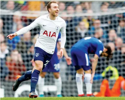  ?? AP ?? Tottenham’s Christian Eriksen celebrates after scoring a goal against Chelsea during a Premier League match. —