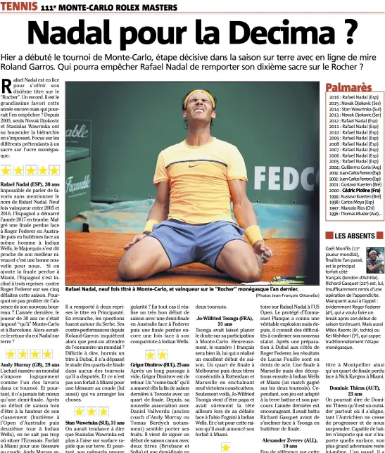  ?? (Photos Jean-François Ottonello) ?? Rafael Nadal, neuf fois titré à Monte-Carlo, et vainqueur sur le “Rocher” monégasque l’an dernier.
