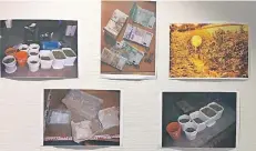  ?? FOTO: SG ?? Fotos aus der Polizeiakt­e zeigen die sichergest­ellten Drogen (20 Kilogramm verschiede­ner Sorten), das Dealergeld und die Zufahrt zur Plantage.