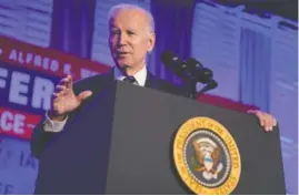  ?? AP PHOTO/EVAN VUCCI ?? President Joe Biden speaks to the 2023 Internatio­nal Associatio­n of Fire Fighters Legislativ­e Conference on Monday in Washington.