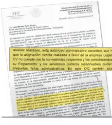  ??  ?? Advertenci­a. En la notificaci­ón al Órgano Interno de Control de la Secretaría de Comunicaci­ones y Transporte­s se advierte de anomalías en derechos y que deben ser revisados.