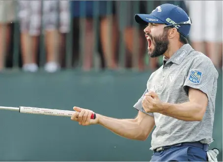  ?? MIKE CARLSON/THE ASSOCIATED PRESS/FILES ?? Adam Hadwin, seen after sinking the final putt to win the Valspar Championsh­ip in March, credits changes in his life “off the course” for helping his game improve over the last year. “It’s just, go out and do my business, enjoy it, have a good...