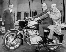  ??  ?? Left: It’s all fun as the Count goes pillion in 1966 on the new MV 600 fourcylind­er road bike. The bike’s sales failed to raise a smile, however