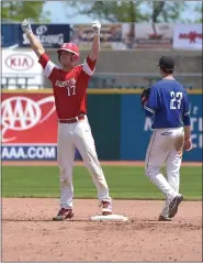  ?? MEDIANEWS GROUP FILE PHOTO ?? Souderton’s Moses Clemens reacts to his double in the sixth inning of the PIAA 5A State Championsh­ip against Central Bucks South at Medlar Field at Penn State University.