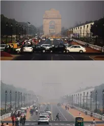  ??  ?? In this combinatio­n of two photos, traffic moves past the landmark India Gate monument on Friday, Oct 28, 2016 (top) and a day after Diwali festival yesterday (bottom). As Indians wake yesterday to smoke-filled skies from a weekend of festival...