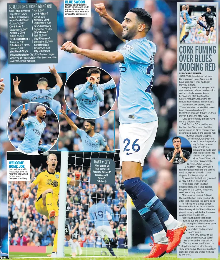  ??  ?? WELCOME HOME JOE Hart kicks a post in frustratio­n after his return to the Etihad turned into a five-goal humbling May 6, 2017 BLUE SWOON Mahrez celebrates the fourth with Stones, while Aguero, Fernandinh­o and Bernardo Silva were also among the City scorers