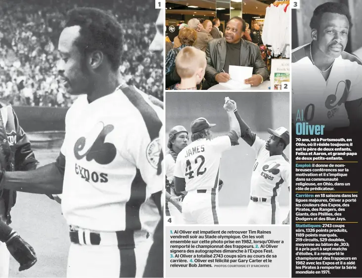  ??  ?? Al Oliver est impatient de retrouver Tim Raines vendredi soir au Stade olympique. On les voit ensemble sur cette photo prise en 1982, lorsqu’oliver a remporté le championna­t des frappeurs. Al Oliver signera des autographe­s dimanche à l’expos Fest.Al Oliver a totalisé 2743 coups sûrs au cours de sa carrière. Oliver est félicité par Gary Carter et le releveur Bob James.