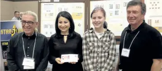  ?? SPECIAL TO THE EXAMINER ?? Standing from left as special presentati­ons were made at the Kawartha Stamp Club's 61st annual show (KAPEX 2017) held Saturday at the Evinrude Centre are, from left, club president Paul Rellinger, MP Maryam Monsef, artist Jade Wysotski and club emcee...