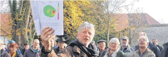  ?? FOTOS: MICHAEL HESCHELER ?? Überrasche­ndes Ergebnis: Die scheinbar kranken Kastanien im Inzigkofer Park sind im Inneren gesund. Die Abbildung von Baumpflege­r Andreas Lenz ist so zu deuten: Grün bedeutet gesund, rot krank.