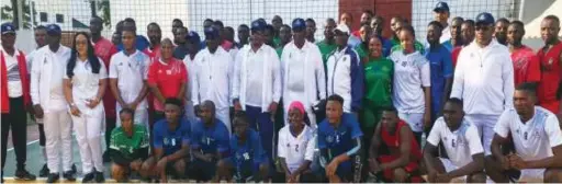  ?? ?? Admiral Superinten­dent, Naval Dockyard Limited, Rear Admiral Abolaji Orederu; the Special Guest of Honour, Rear Admiral MB Hassan, and other guests, officials and participan­ts at the opening ceremony of the three-day ASNDL maiden Annual Volleyball Tournament ... recently)