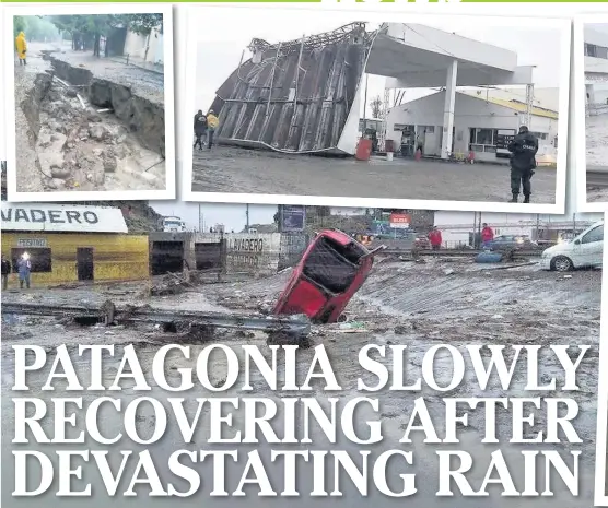  ??  ?? These pictures show the destructio­n caused by the devastatin­g downpours in Welsh Patagonia in April