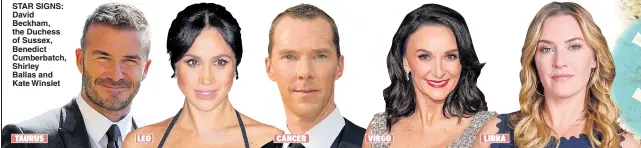  ??  ?? STAR SIGNS: David Beckham, the Duchess of Sussex, Benedict Cumberbatc­h, Shirley Ballas and Kate Winslet