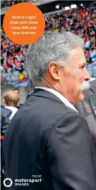  ??  ?? Stroll Sr (right) chats with Chase Carey (left) and Sean Bratches