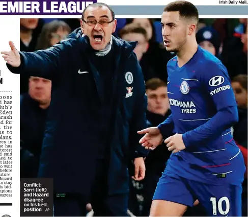  ?? AP ?? Conflict: Sarri (left) and Hazard disagree on his best position