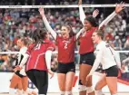  ?? ?? Wisconsin celebrates a point during its final four match with Louisville at Nationwide Arena. The Badgers won 25-23, 15-25, 25-21, 23-25, 15-9.