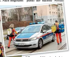  ??  ?? Teamwork! Vom Landeplatz werden Notfrztin und Sanitfter mit dem Streifenwa­pen zum Patienten pebracht.